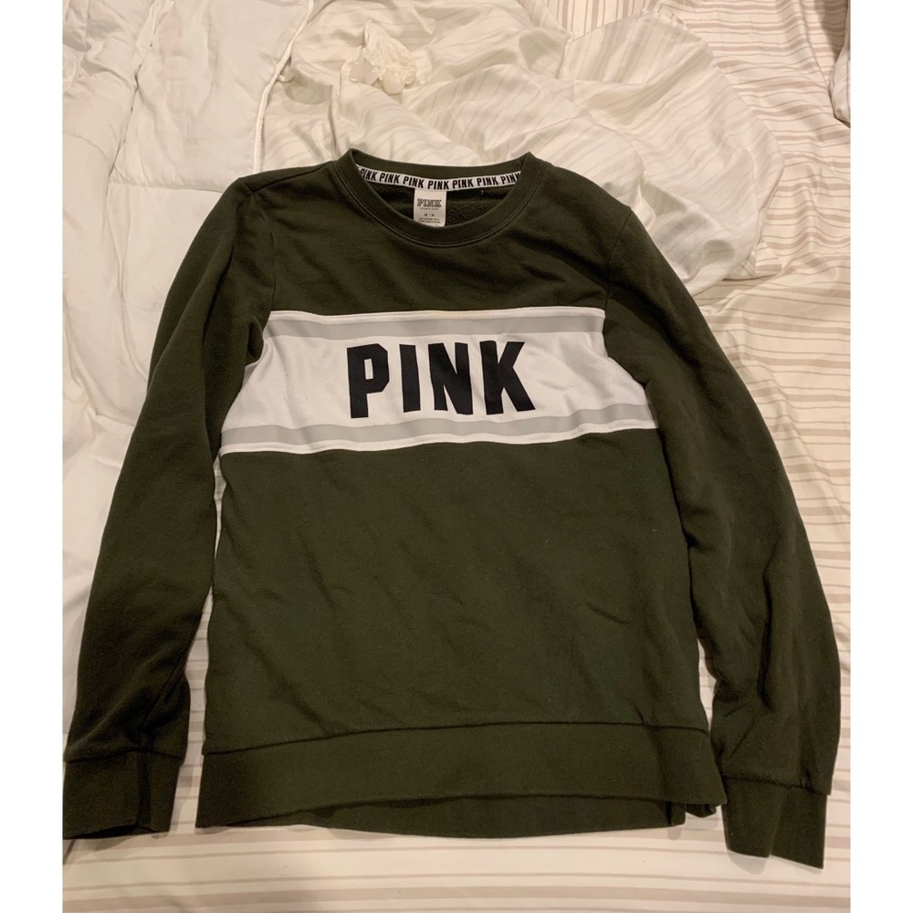 Victoria’s Secret PINK crew neck in olive green.